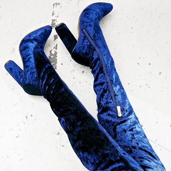 Dolls Kill Shoes - Planetary Blue Velvet Thigh-High Boots Size 6.5